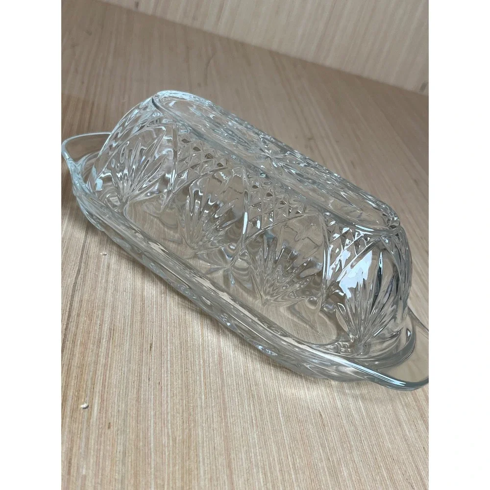Vintage Clear Pressed Glass Butter Dish w/Lid Starburst Diamond Pattern USA MCM